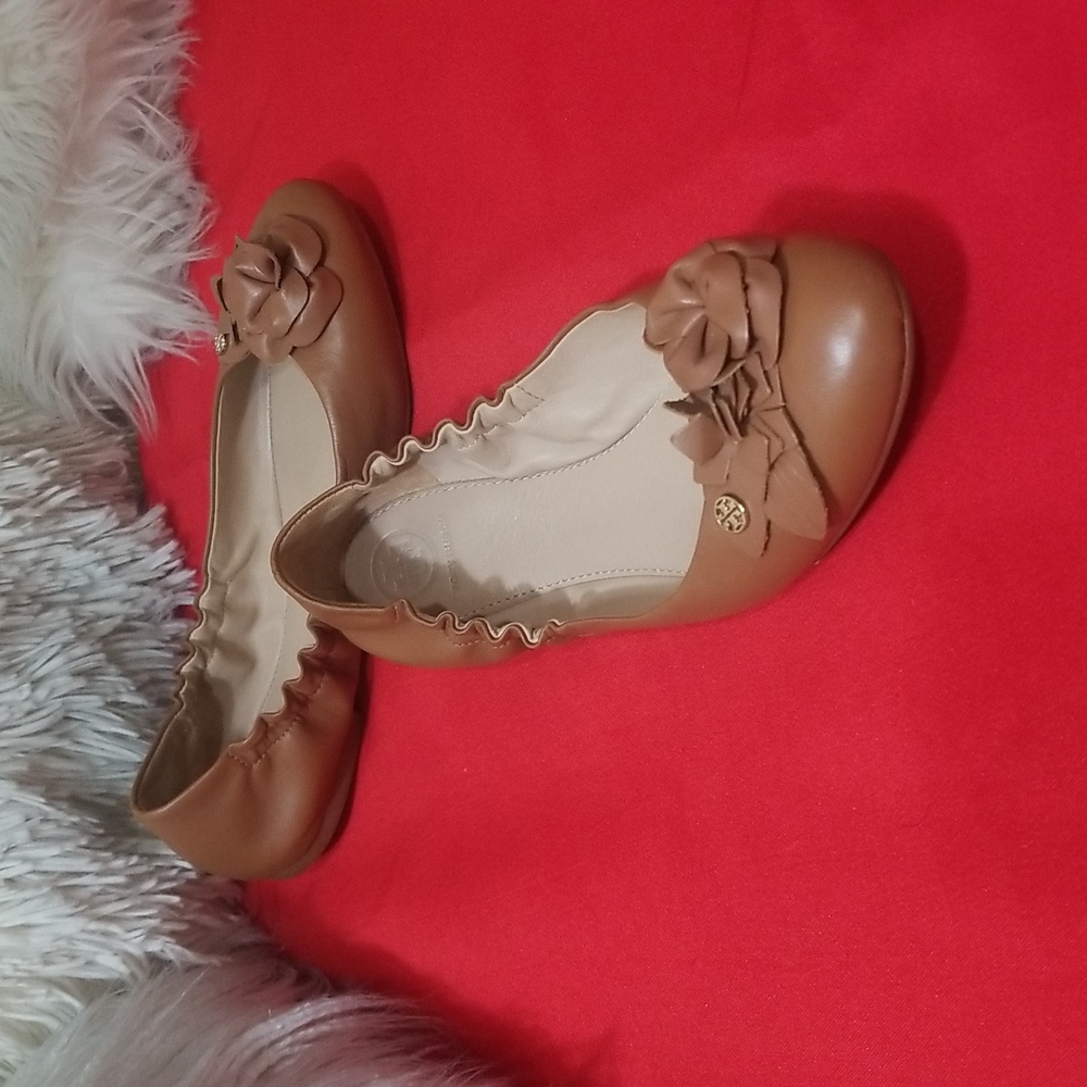 Tory Burch Tan Leather Flower Ballet Flats